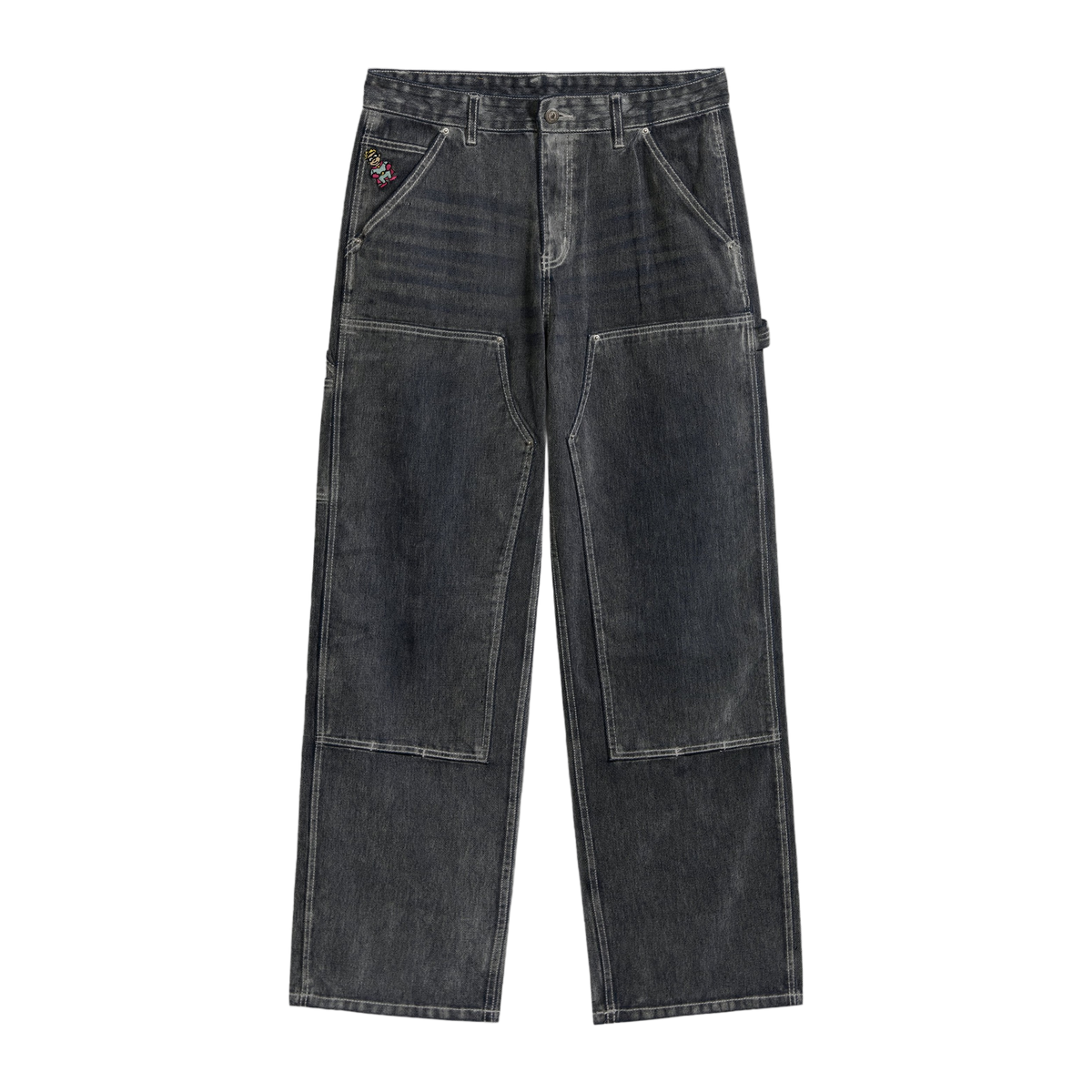 Eye Badge Washed Double Knee Flocked Pant Washed Gray