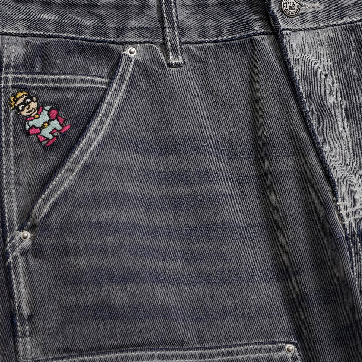 Eye Badge Washed Double Knee Flocked Pant Washed Gray
