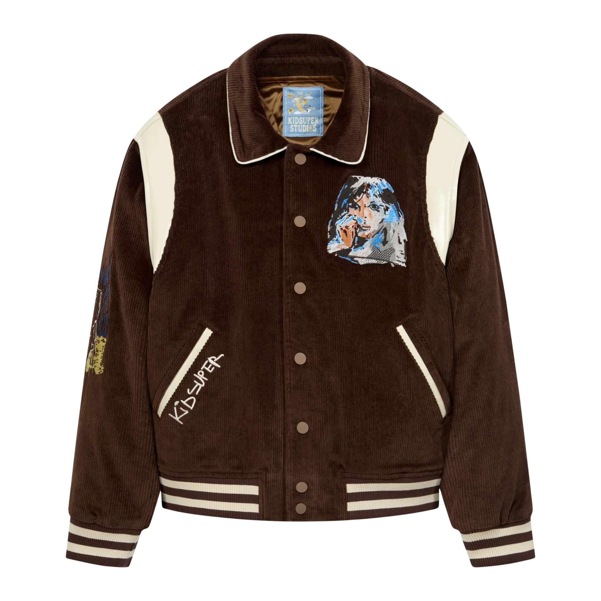 Washed Corduroy Embroidered Faces Jacket Brown