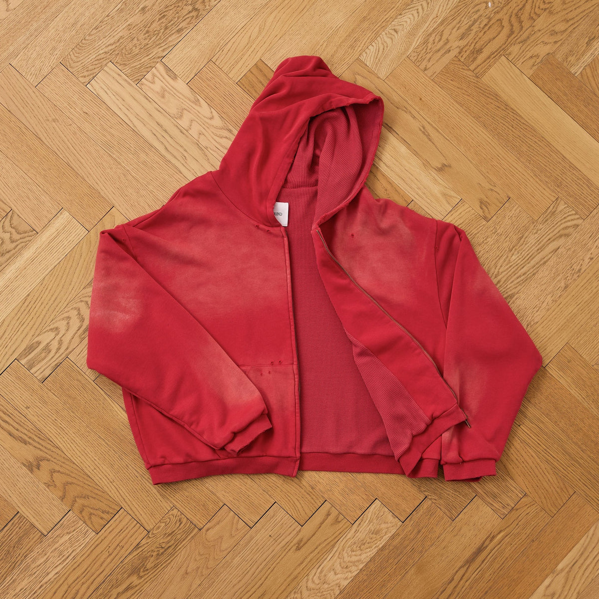 Distressed Thermal-Lined Zip Up Hoodie Vintage Red, detail 1