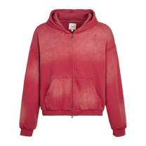 Distressed Thermal-Lined Zip Up Hoodie Vintage Red, front