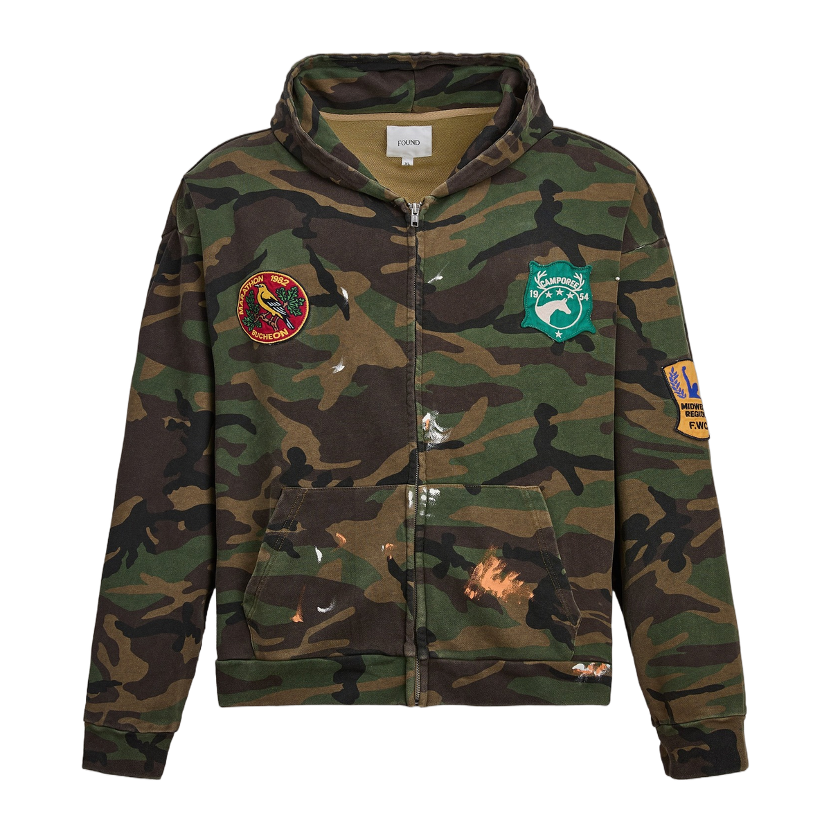 Patch Camo Zip Up Hoodie Vintage Woodland, front