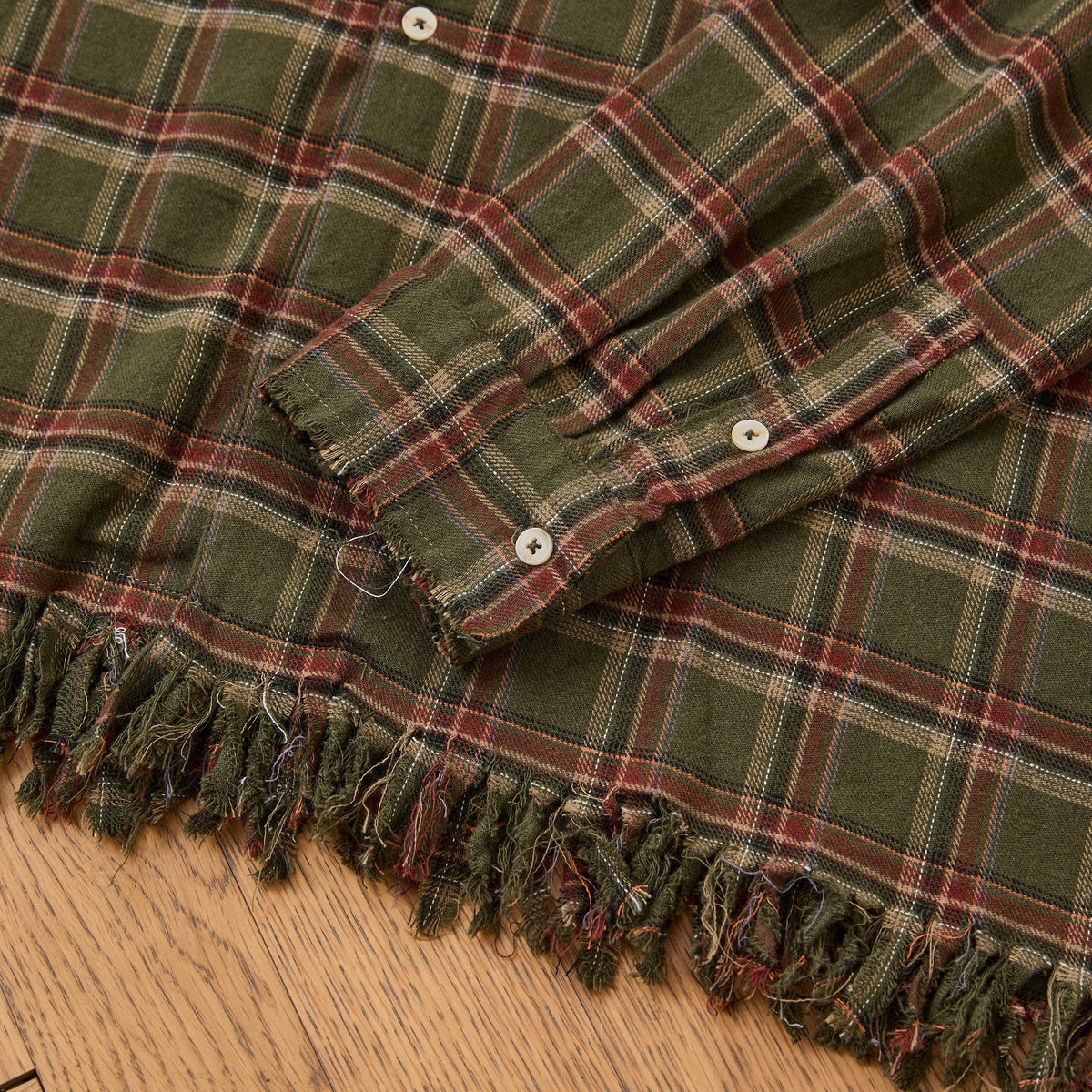Raw Cut Fringe Plaid Camp Shirt Green, detail 3