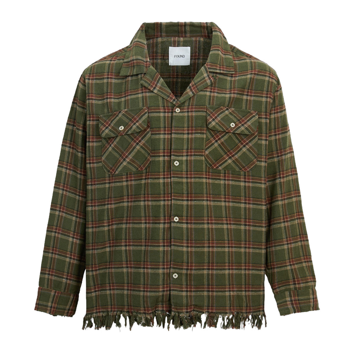 Raw Cut Fringe Plaid Camp Shirt Green, front