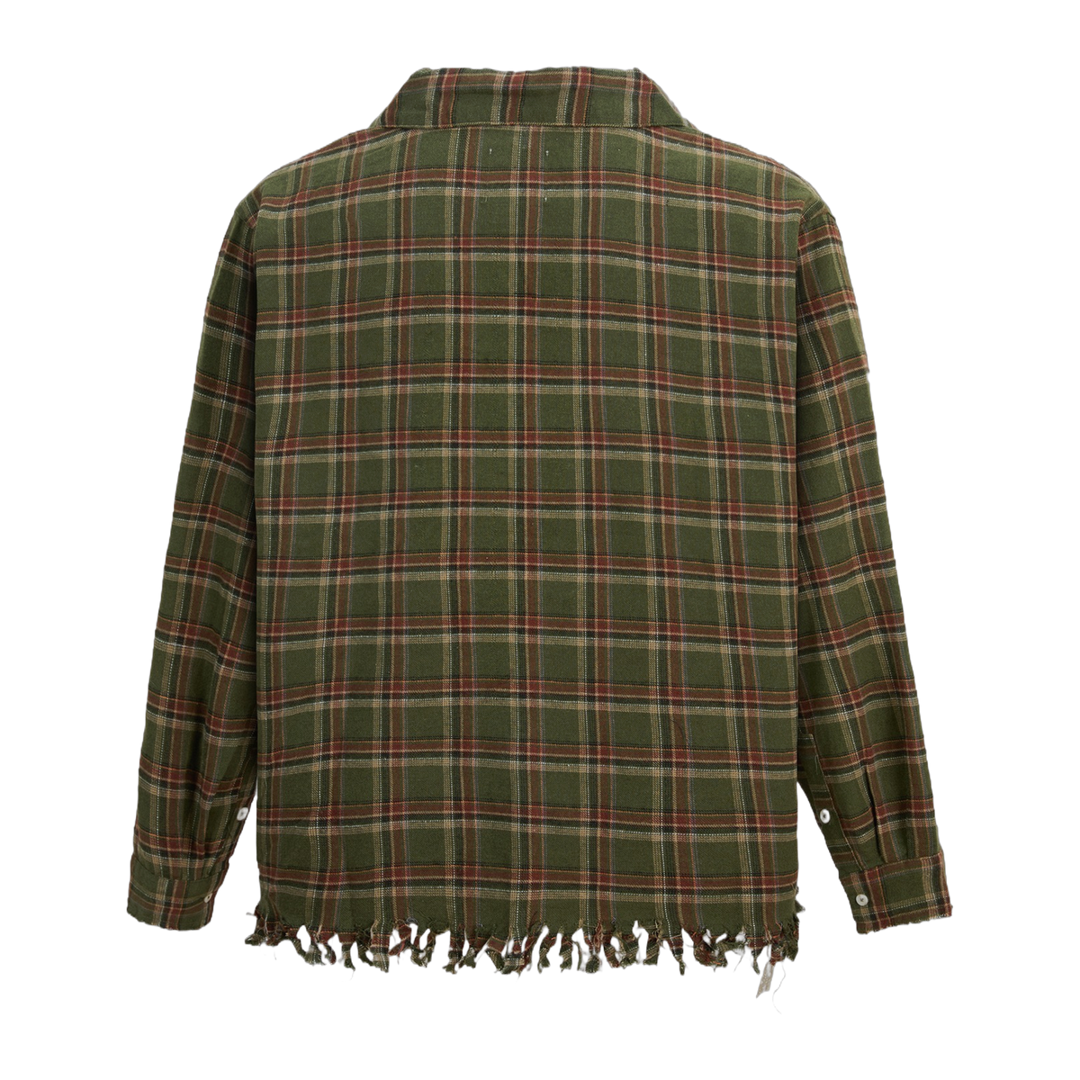 Raw Cut Fringe Plaid Camp Shirt Green, back