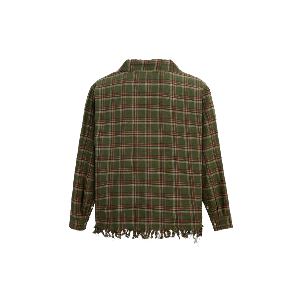 Raw Cut Fringe Plaid Camp Shirt Green, back