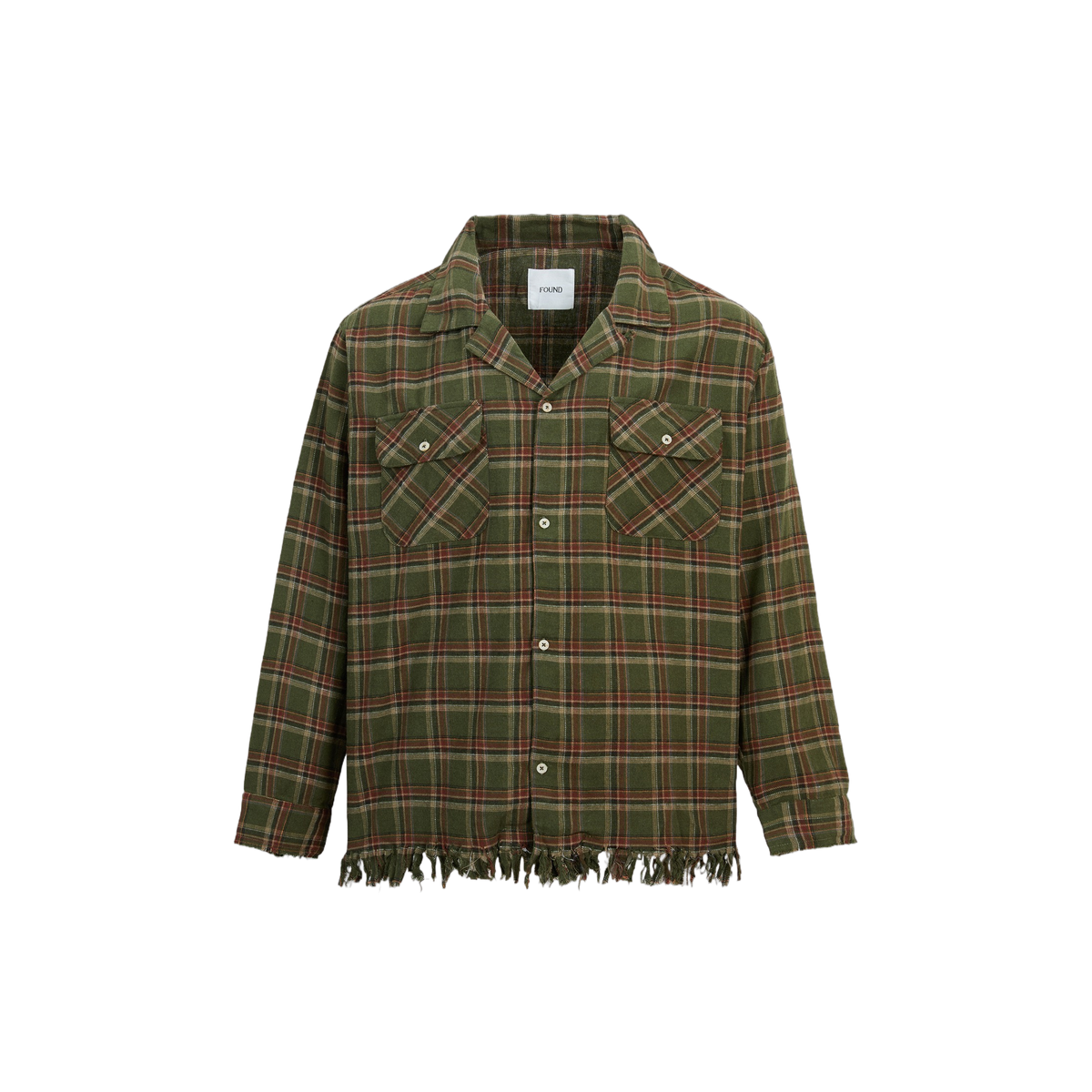 Raw Cut Fringe Plaid Camp Shirt Green, front