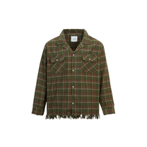 Raw Cut Fringe Plaid Camp Shirt Green, front